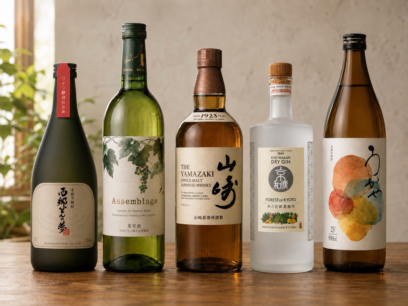 Japanese-made drinks at KOKU: sweet potato shochu, Tamba wine, Yamazaki, Kyoto craft gin, barley shochu