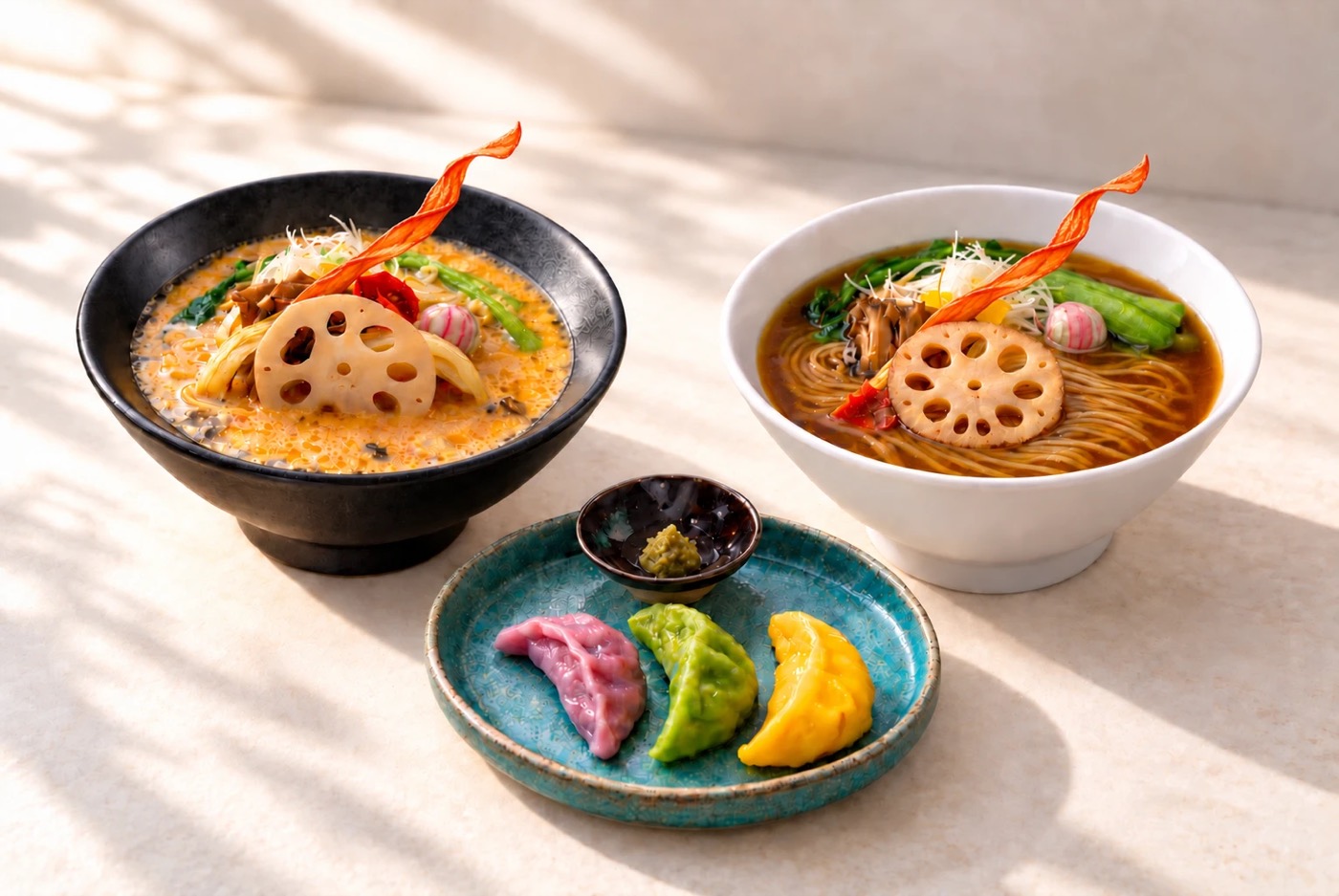 KOKU's two ramen — rich sesame and original soy sauce — with colourful vegetable gyoza